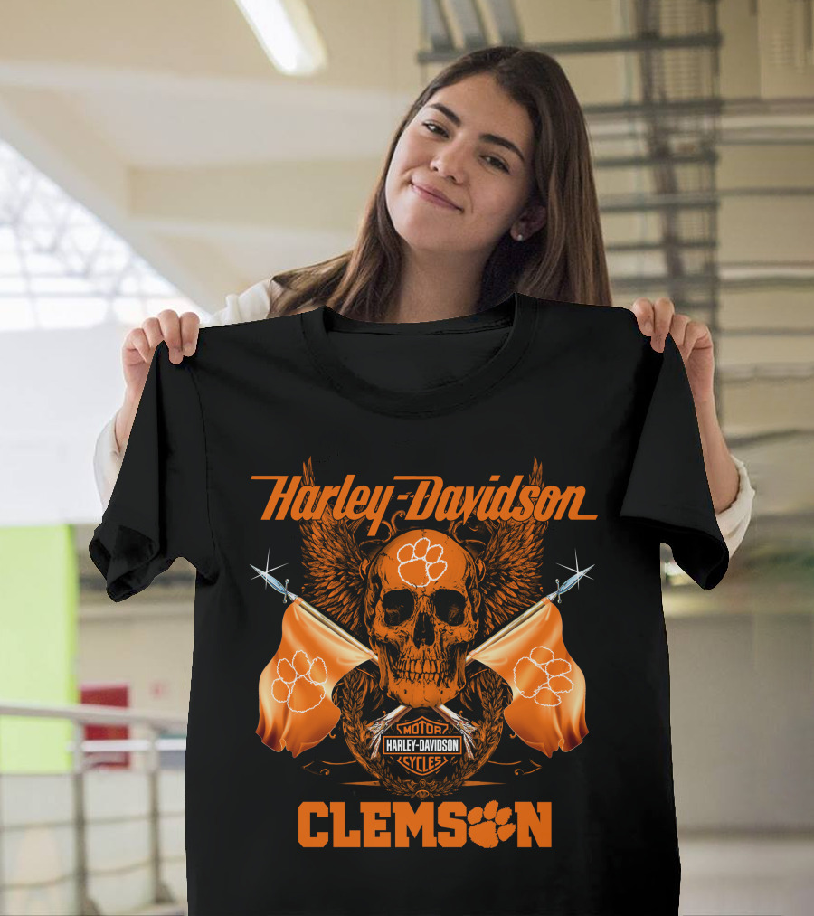 Harley Davidson Clemson Skull With Orange Flags And Paw Print T-Shirt