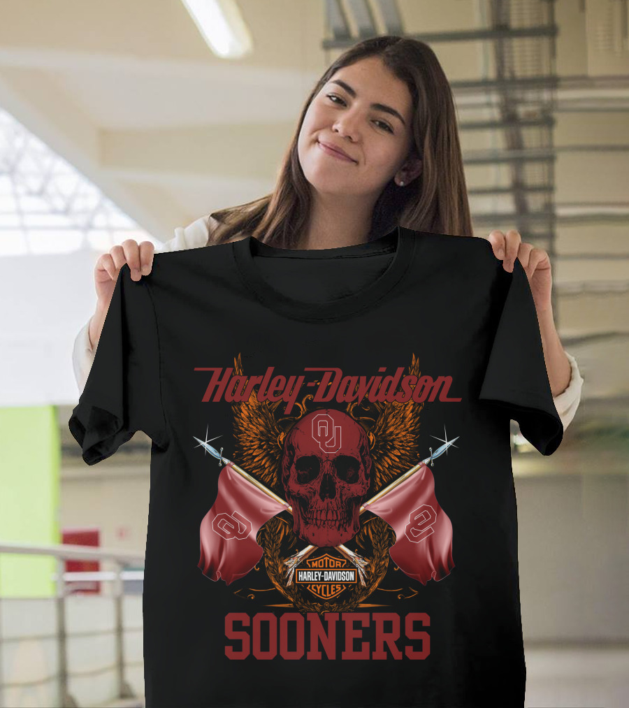 Harley Davidson Sooners Skull Flags Oklahoma University T-Shirt