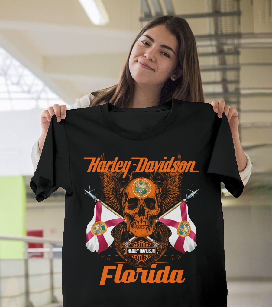 Harley Davidson Florida Skull With Flags And Logo Motif T-Shirt