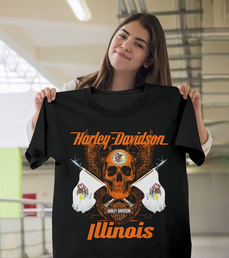 Harley Davidson Cycles Illinois Skull Wings Flags Motorcycles T-Shirt