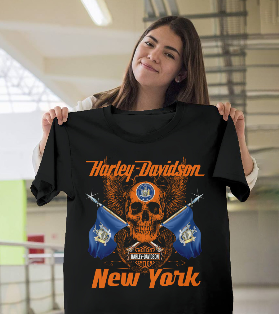 Harley Davidson New York Skull With State Flags And Motor Cycles T-Shirt
