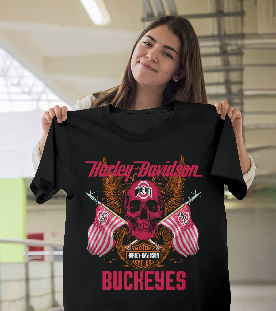 Harley Davidson Ohio State Buckeyes Motor Cycles Flags Skull T-Shirt