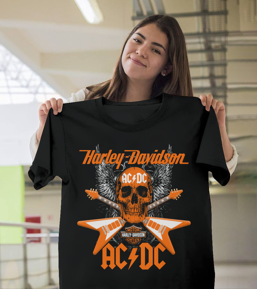 Harley Davidson Ac/Dc Skull Electric Guitar Motor Cycles T-Shirt