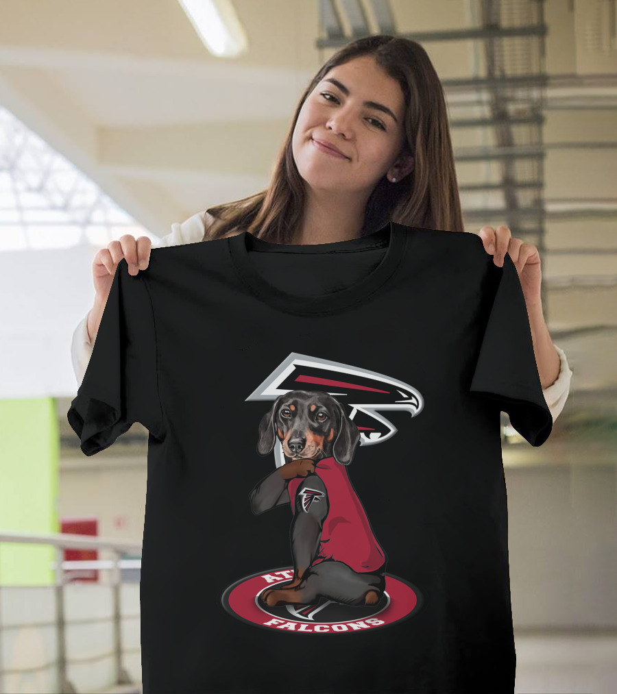Atlanta Falcons Logo With Dachshund Wearing Team Jersey T-Shirt
