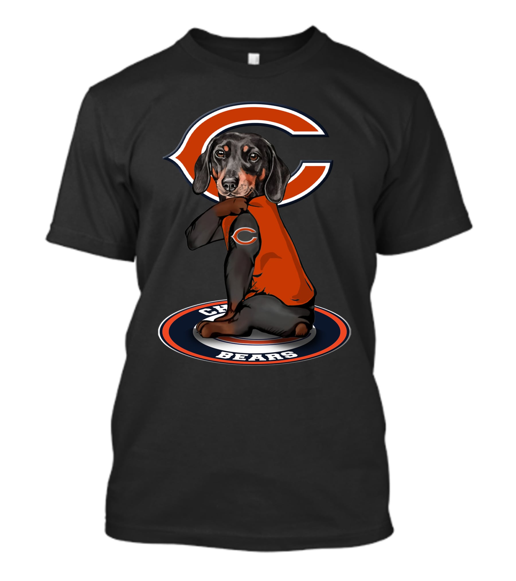 Chicago Bears Dog With Logo On Arm And Backdrop T-Shirt