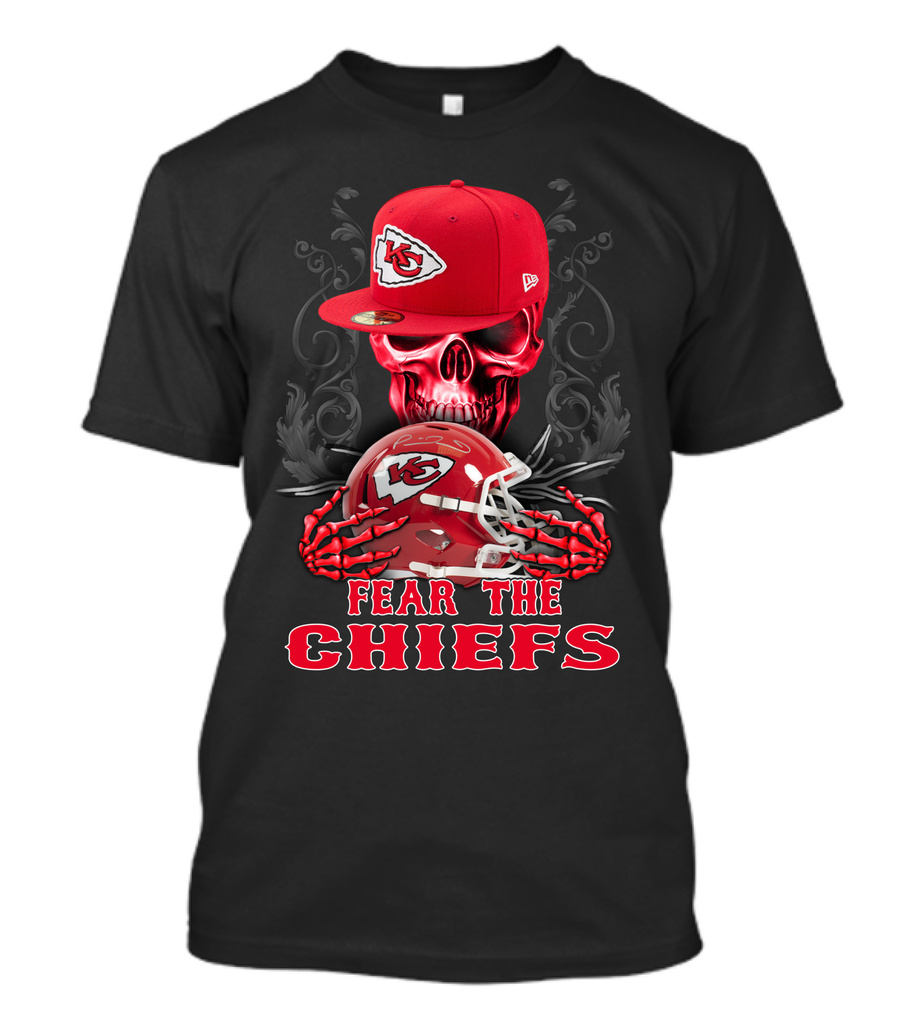 Fear The Chiefs Kansas City Chiefs Skull Helmet Cap T-Shirt