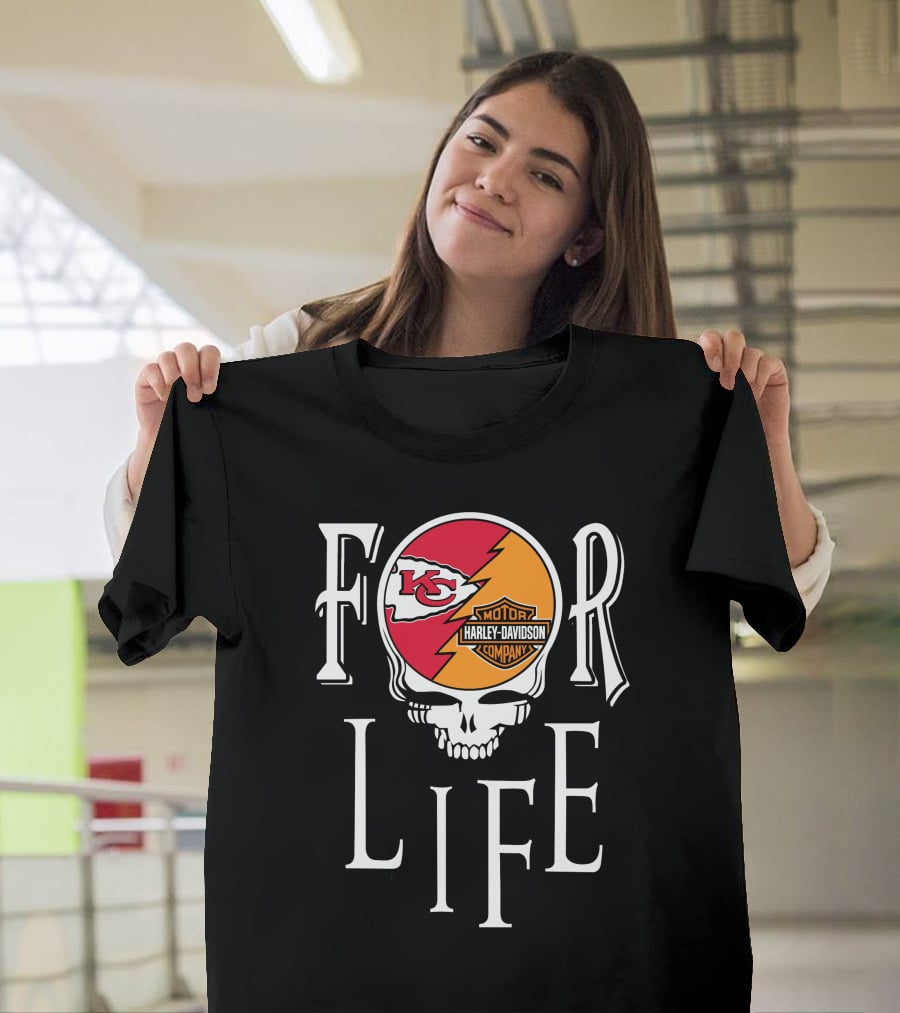 Kansas City Chiefs Harley Davidson Nfl For Life Skull T-Shirt