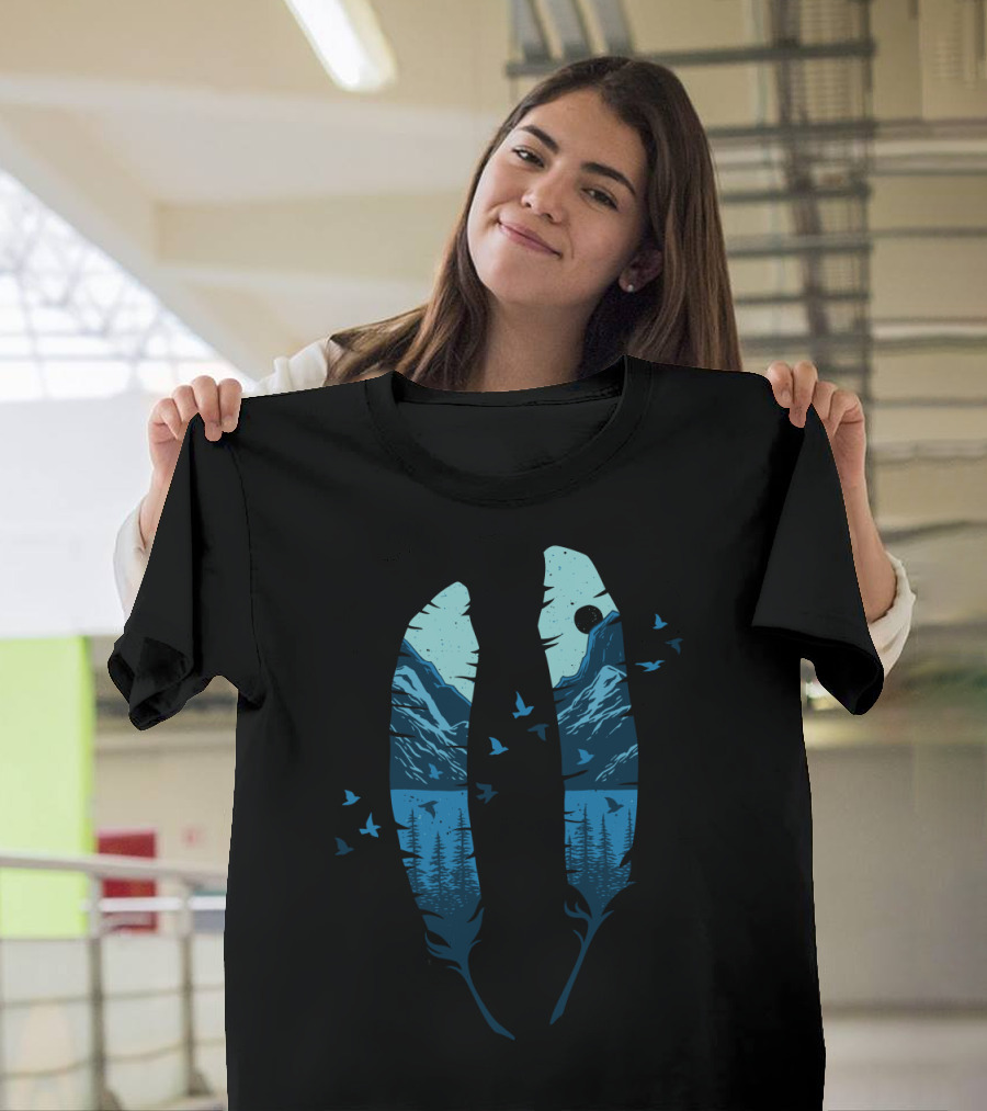 Feather Mountain Scenic Lake and Forest Landscape with Birds and Moon T-Shirt