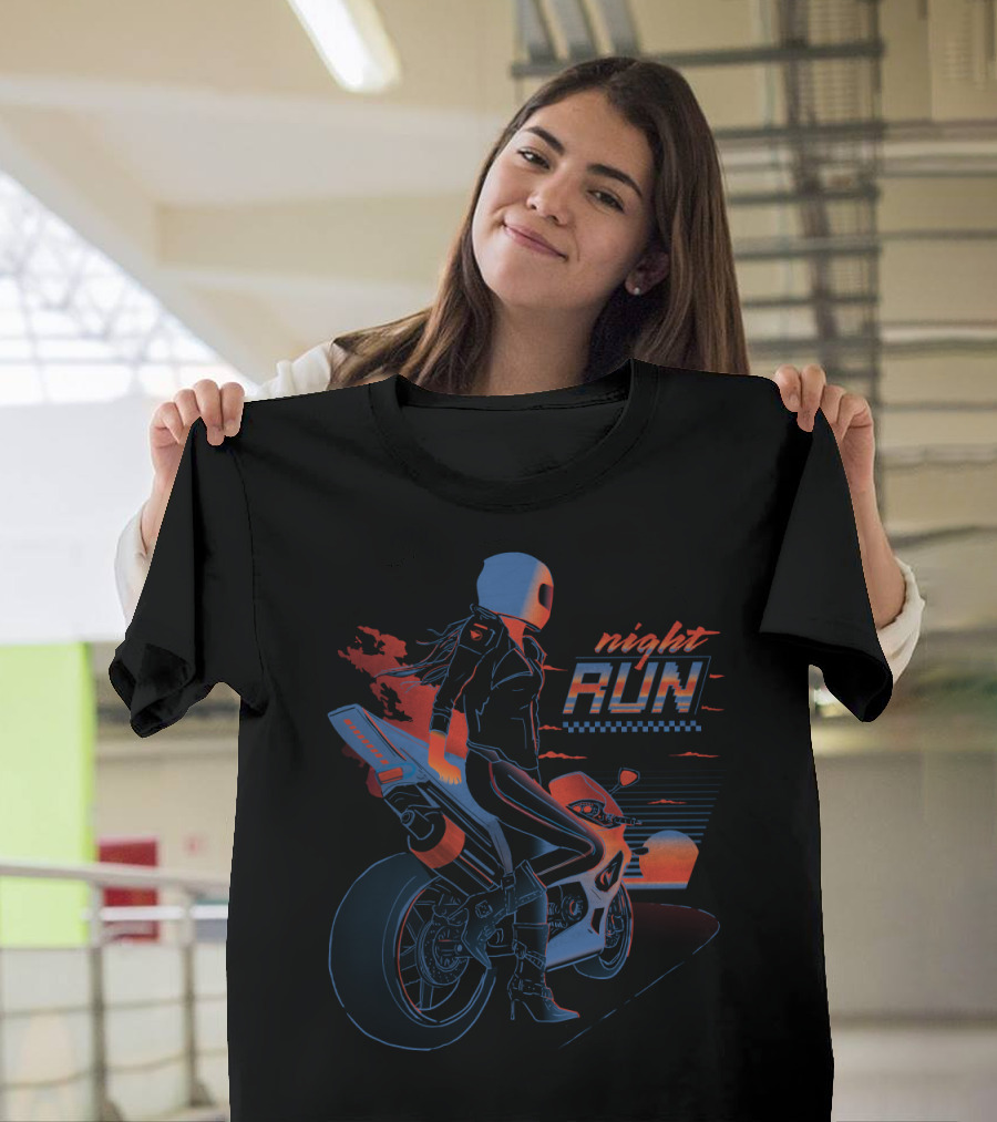 Night Run Biker Adventure with Sunset Horizon and Motorcycle Rider T-Shirt