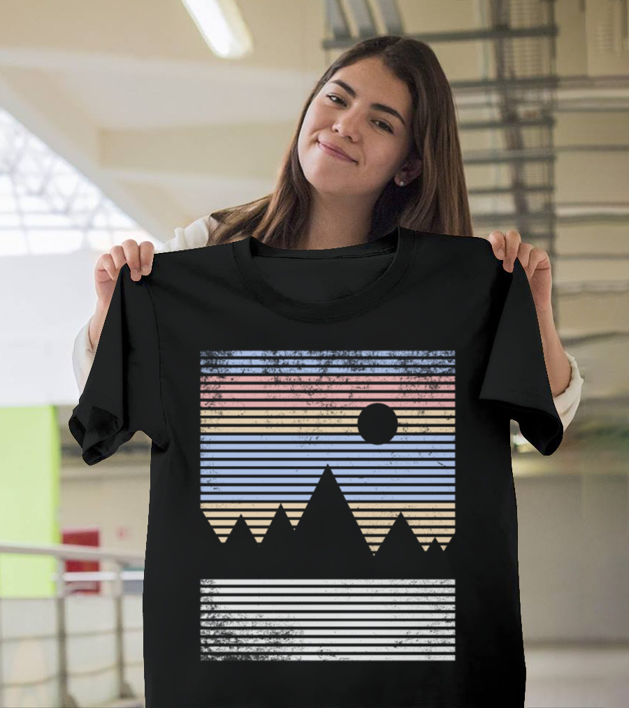 Retro Striped Sunset Over Geometric Mountain T-Shirt