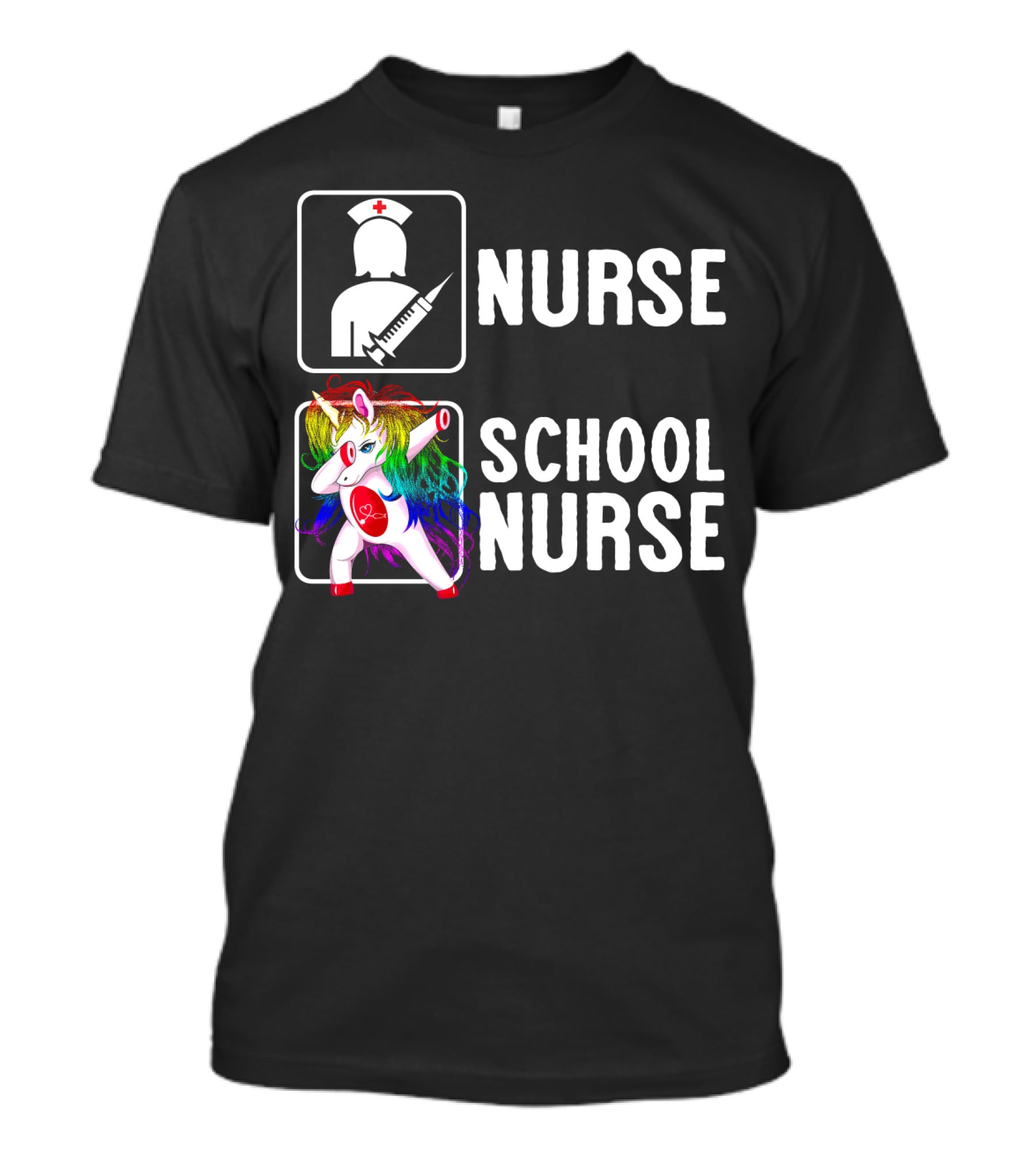 Nurse School Nurse Unicorn Rainbow Contrast T-Shirt