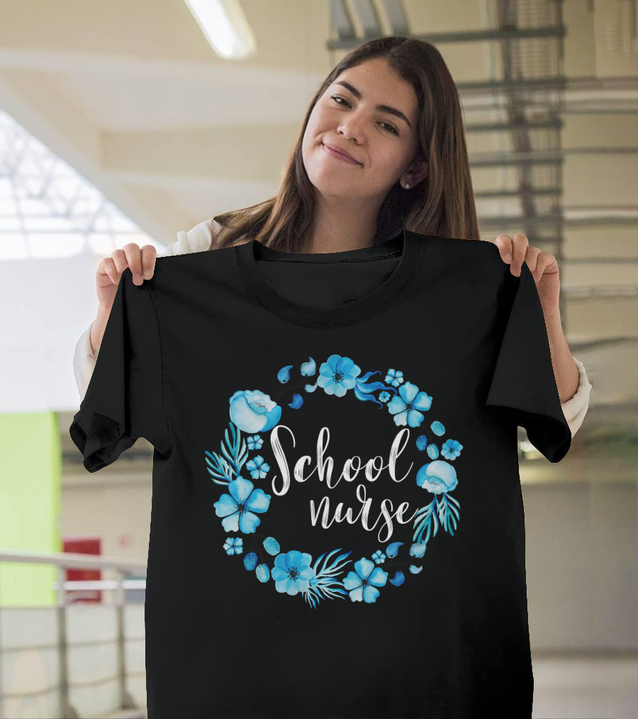 School Nurse Blue Floral Circle T-Shirt