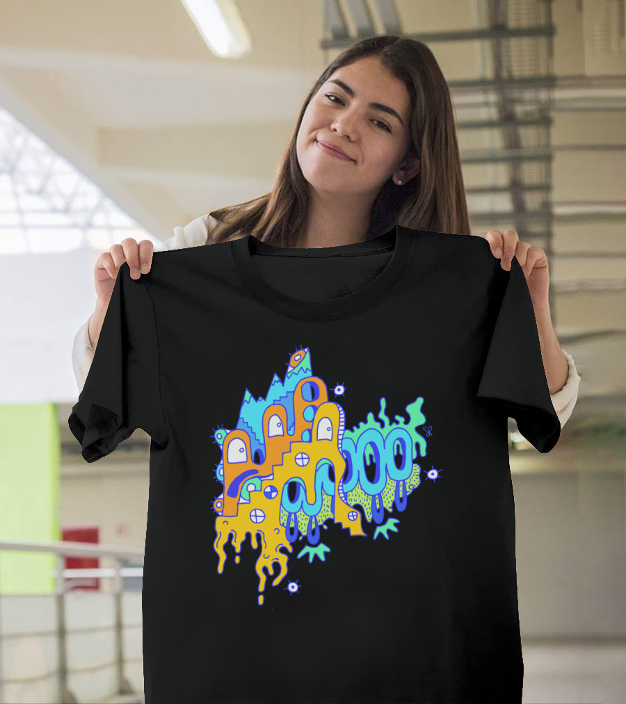 Blue Mountain Dripping Eye Pattern with Abstract Stairs and Faces T-Shirt
