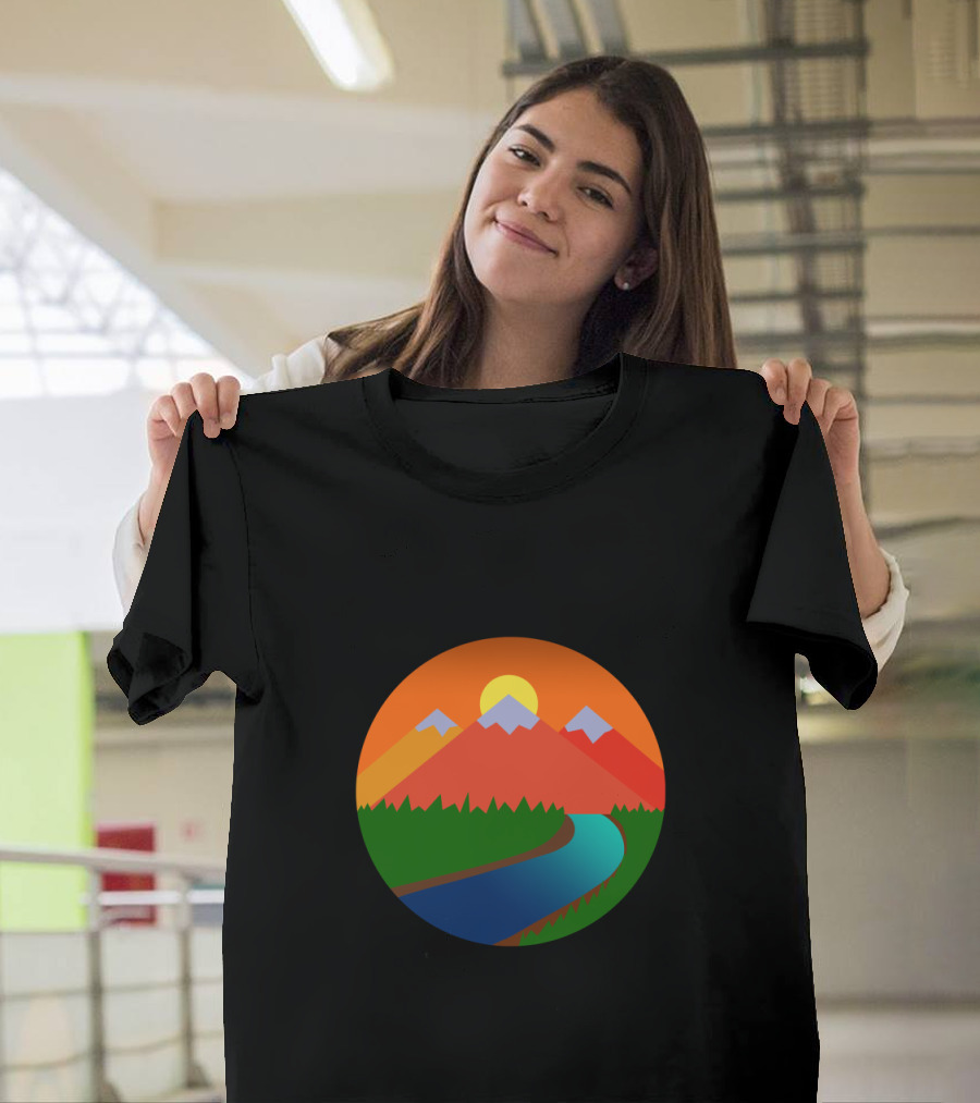 Sunset Over Colorful Mountain with River and Forest Scenery T-Shirt