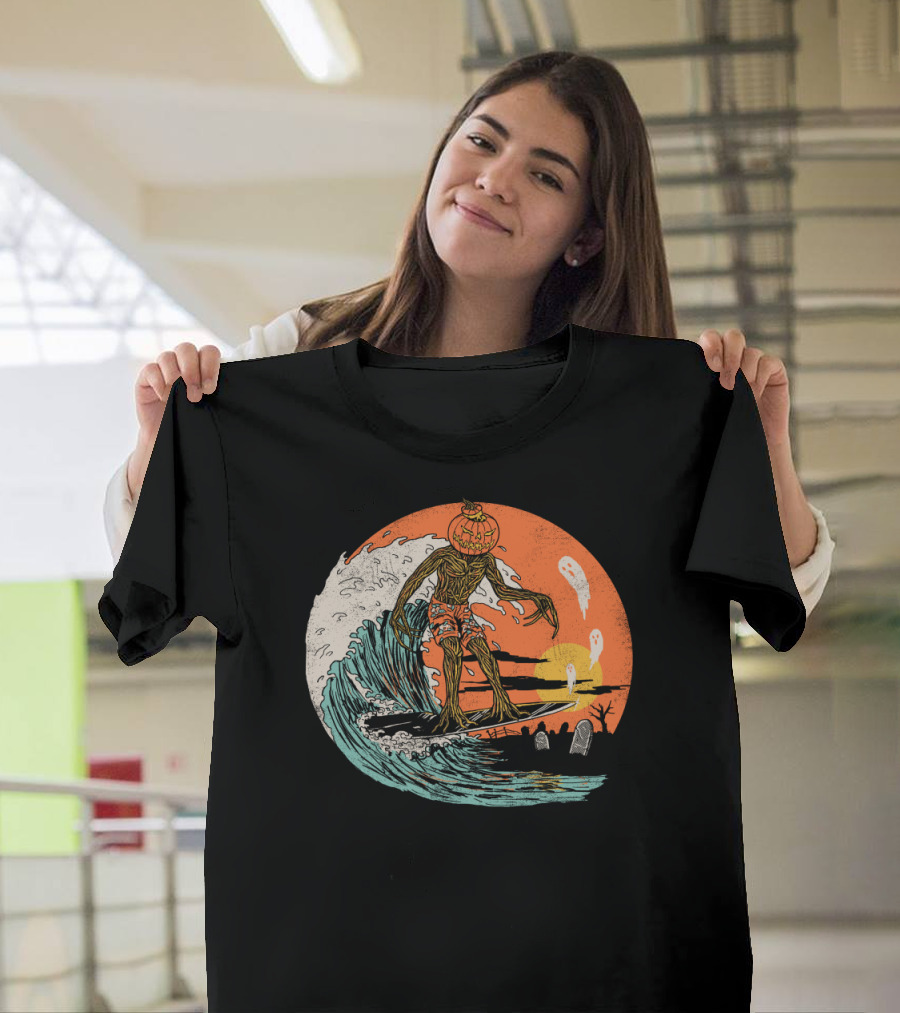 Carve The Wave Halloween Pumpkin Ghost Surfer on Spooky Sunset Ocean Scene T-Shirt