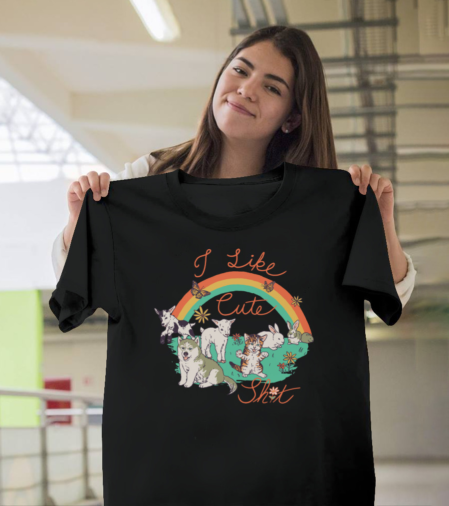 I Like Cute Animals Under Rainbow with Flowers and Butterflies T-Shirt