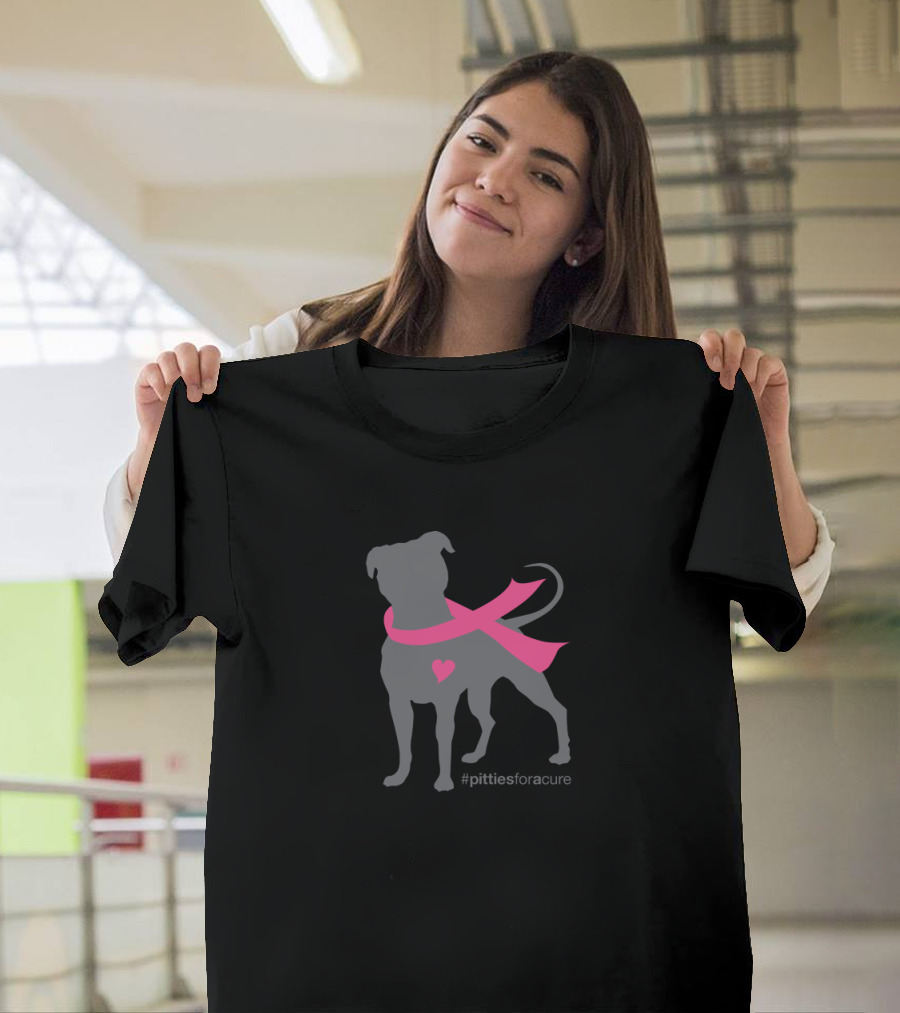 Pitties for a Cure Charcoal Dog with Pink Ribbon Heart T-Shirt
