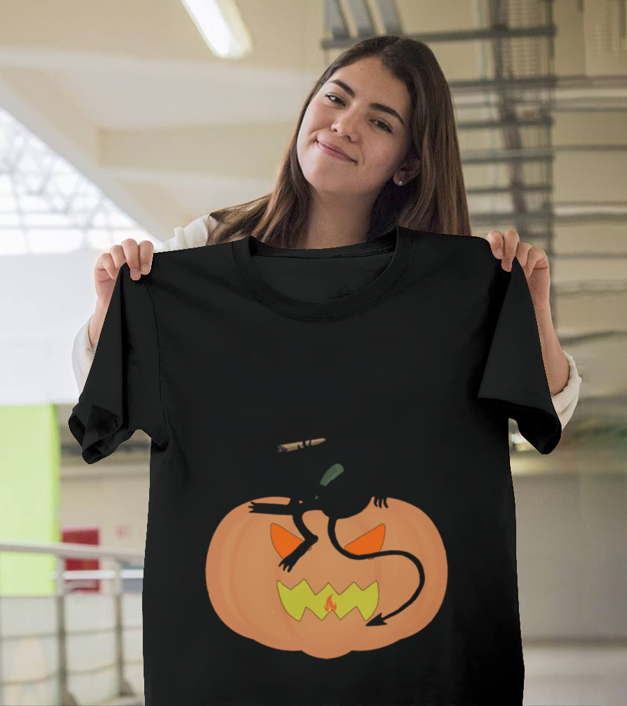 Halloween Smoking Devil on Jack-O'-Lantern Pumpkin T-Shirt