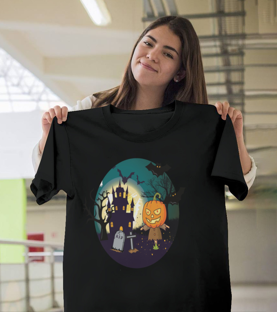 Spooky Pumpkin Patch with Haunted House and Bats Halloween Scene T-Shirt