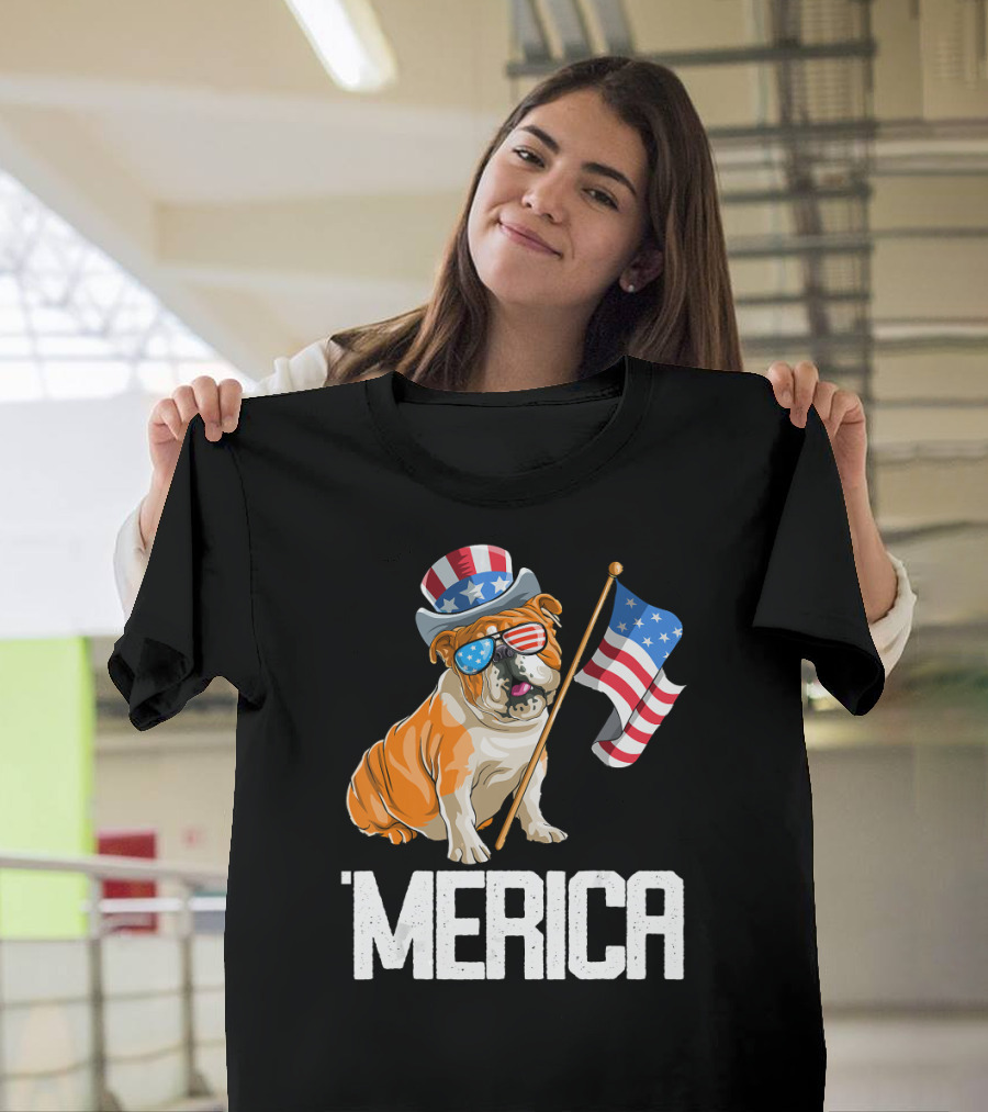 'Merica Bulldog with Flag and Patriotic Hat Sunglasses USA 4th of July T-Shirt