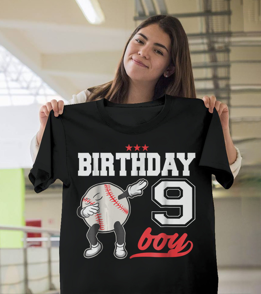 Birthday 9 Boy Dabbing Baseball T-Shirt