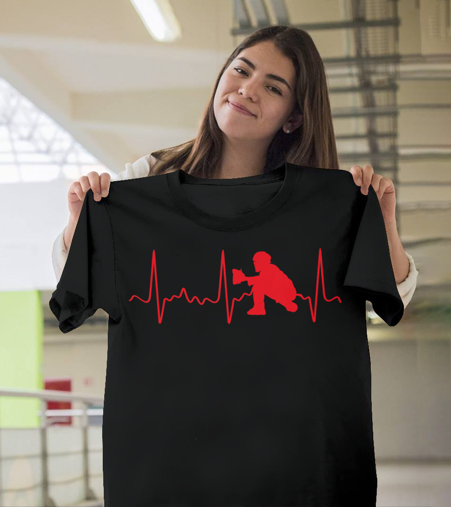 Baseball Catcher Red Heartbeat Line T-Shirt
