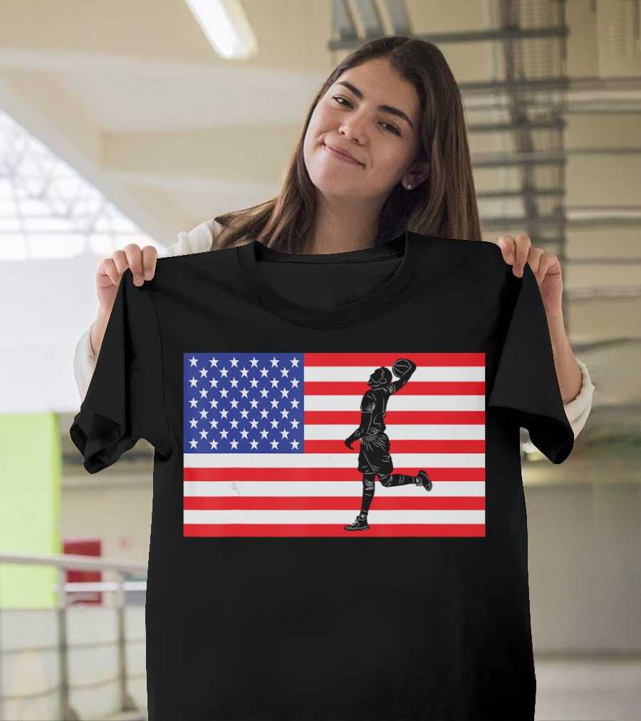 Basketball Player Dunking American Flag USA T-Shirt