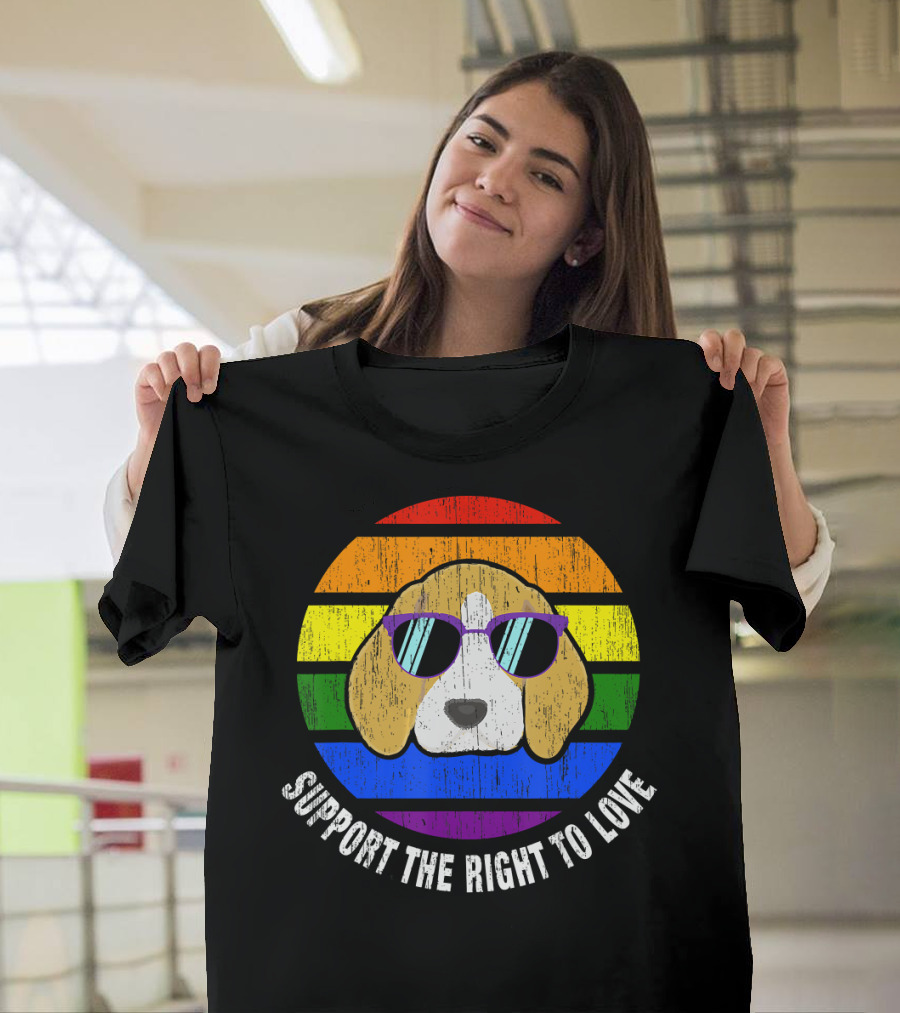 Support the Right to Love Beagle Dog Gay Pride Rainbow Flag Sunset T-Shirt