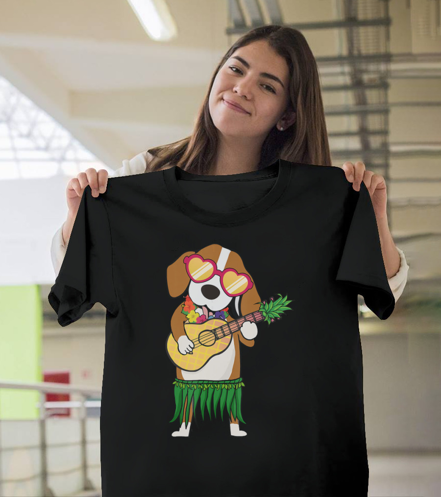 Beagle Hawaiian Costume Playing Ukulele with Pineapple and Heart Sunglasses T-Shirt