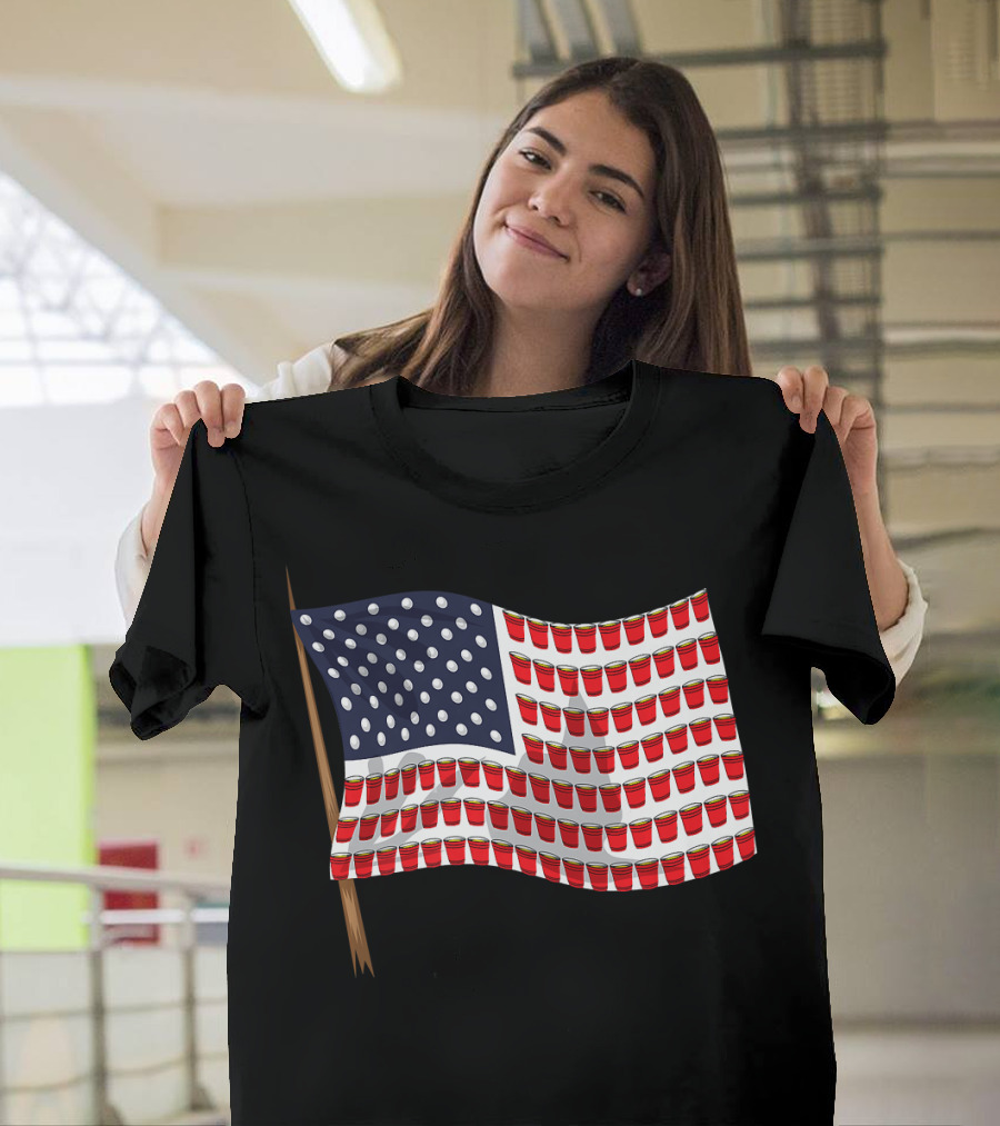 Beer Pong US Flag Red Cups and Stars T-Shirt