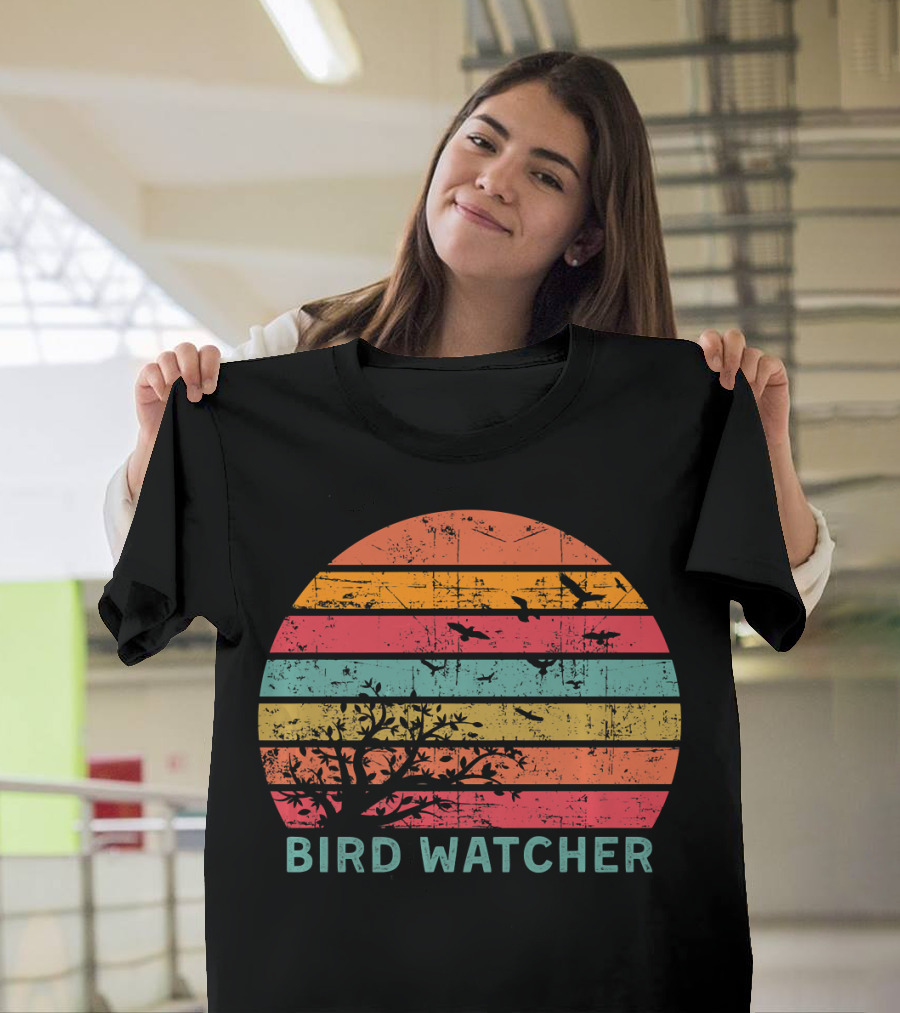 Bird Watcher Ornithologist Birding Retro Sunset Stripes T-Shirt