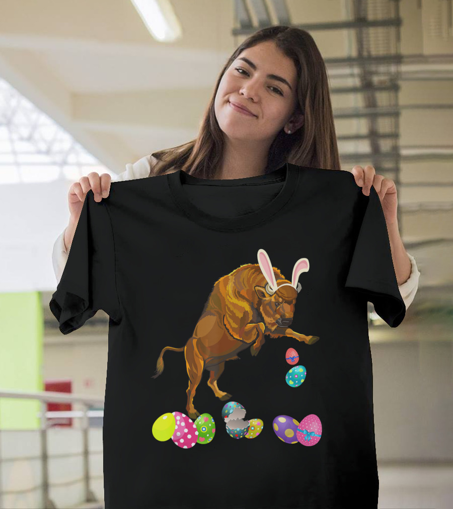 Bison With Bunny Rabbit Hat and Colorful Easter Eggs T-Shirt