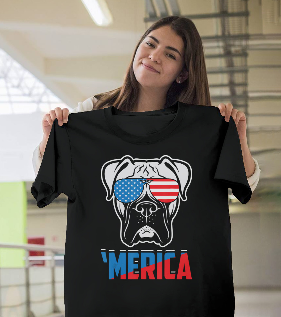 Patriotic Boxer Dog 'Merica USA Flag Sunglasses T-Shirt