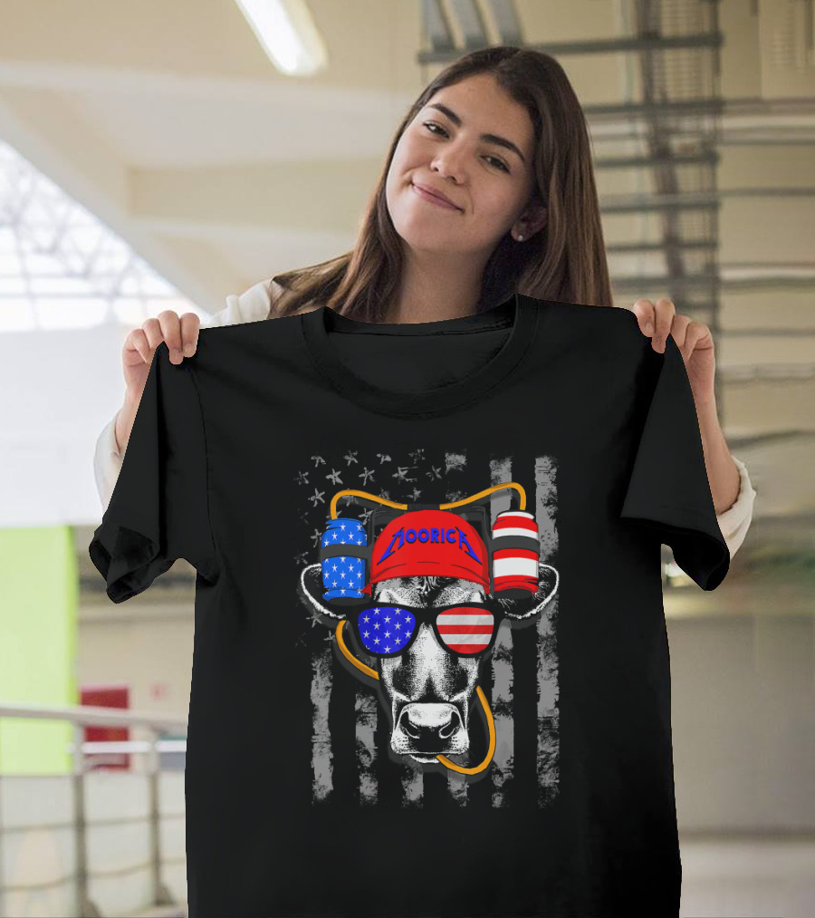 4th of July MOORICA Funny Cow Heifer with American Flag Elements T-Shirt