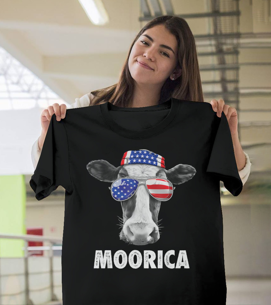 Moorica Cow with American Flag Sunglasses and Bandana 4th of July Merica T-Shirt