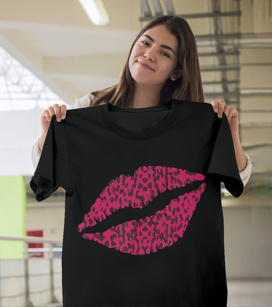 Cute Pink Lips Kiss Me Leopard Cheetah Print T-Shirt