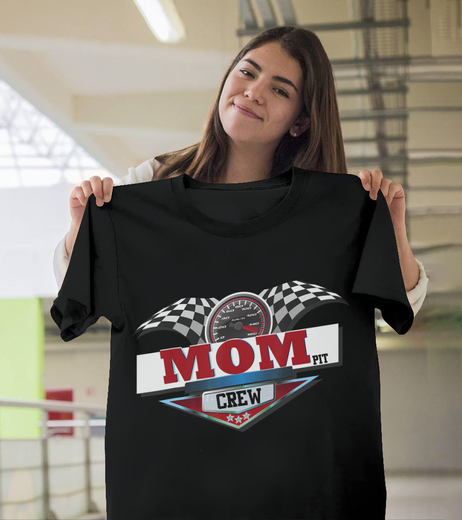 Mom Pit Crew Racing Party Speedometer Checkered Flag Stars T-Shirt