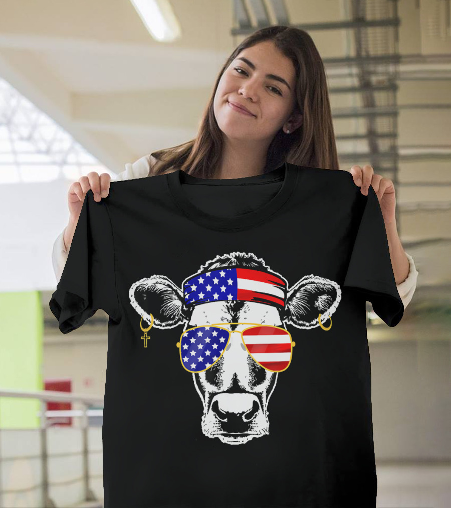 Cow With American Flag Sunglasses and Bandana T-Shirt