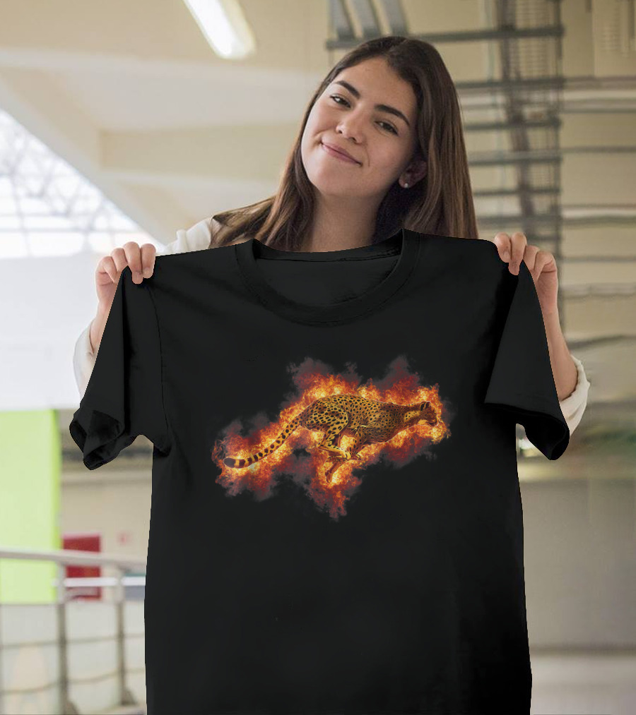 Running Flaming Cheetah Styl on Fire Background T-Shirt
