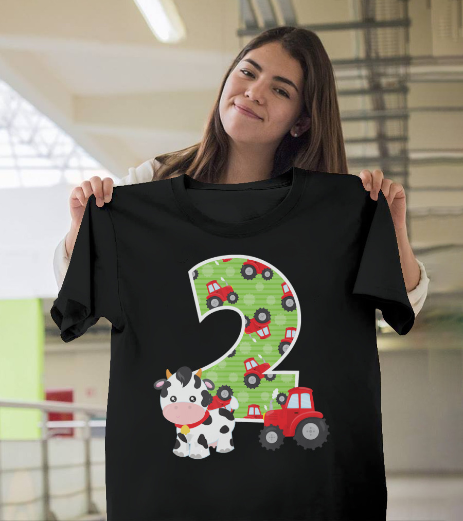 2nd Birthday Number 2 Farm Animals Tractor Cow T-Shirt