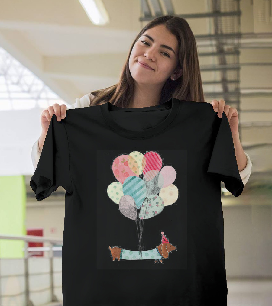 Beautiful Dachshund Wearing Party Hat with Colorful Patterned Balloons T-Shirt
