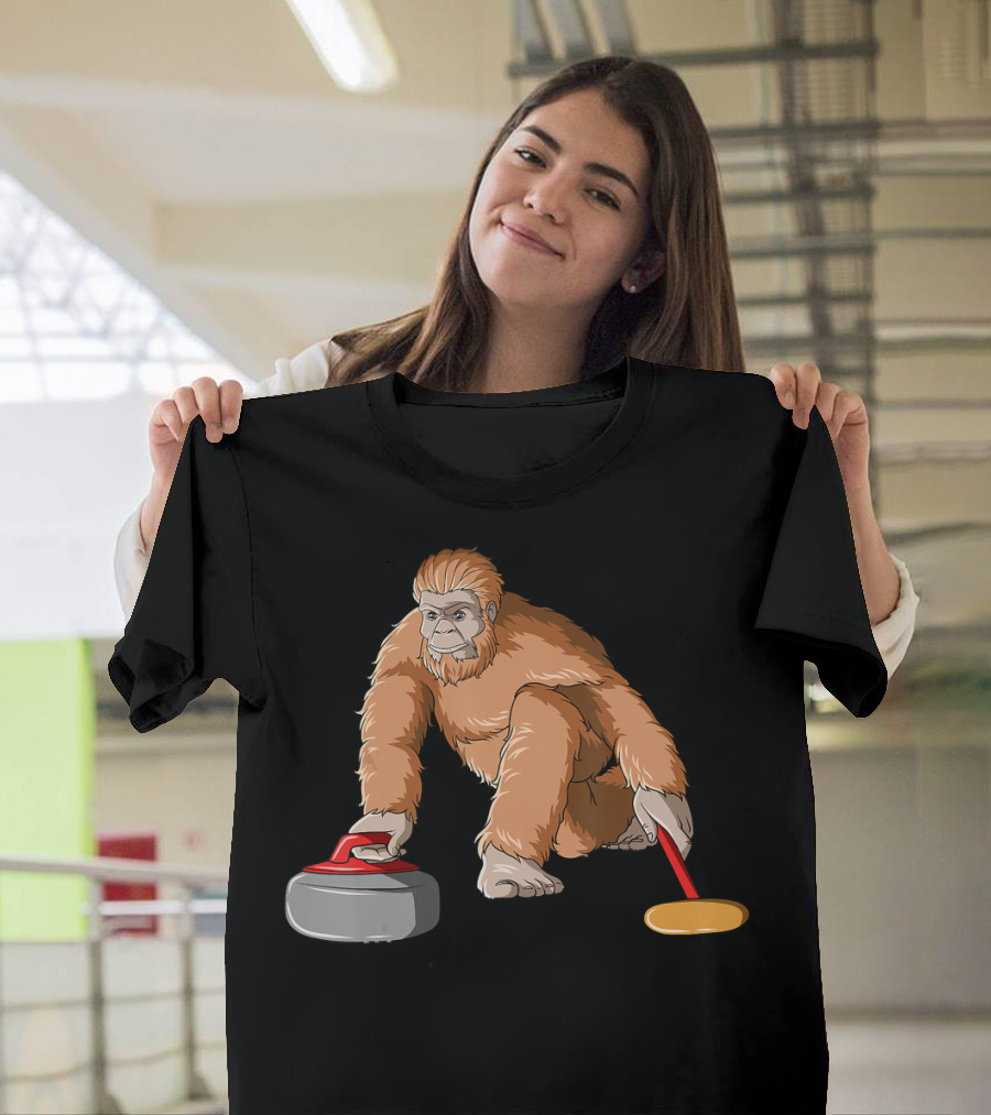 Bigfoot Sasquatch Playing Curling with Stone and Broom T-Shirt