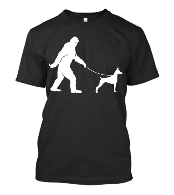 Bigfoot And Doberman Funny Cute Sasquatch Walking Dog T-Shirt