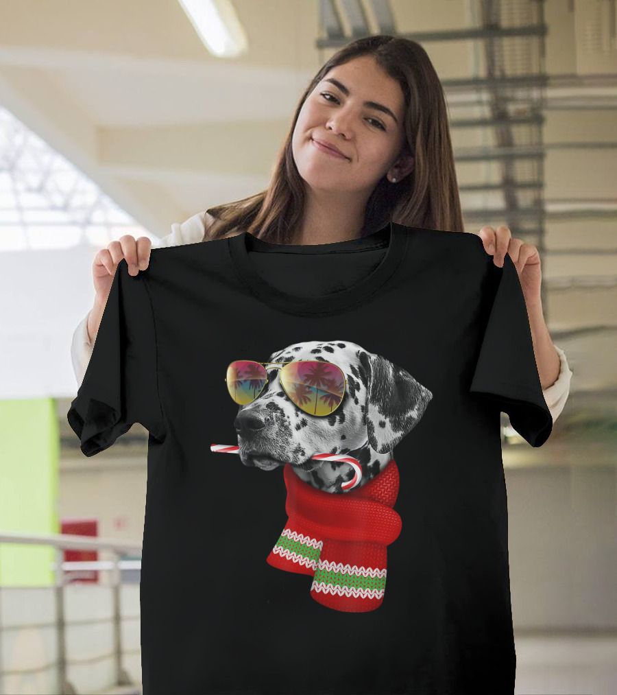 Christmas in July Dalmatian Candy Cane Sunglasses Holiday Scarf Palm Tree Reflections T-Shirt