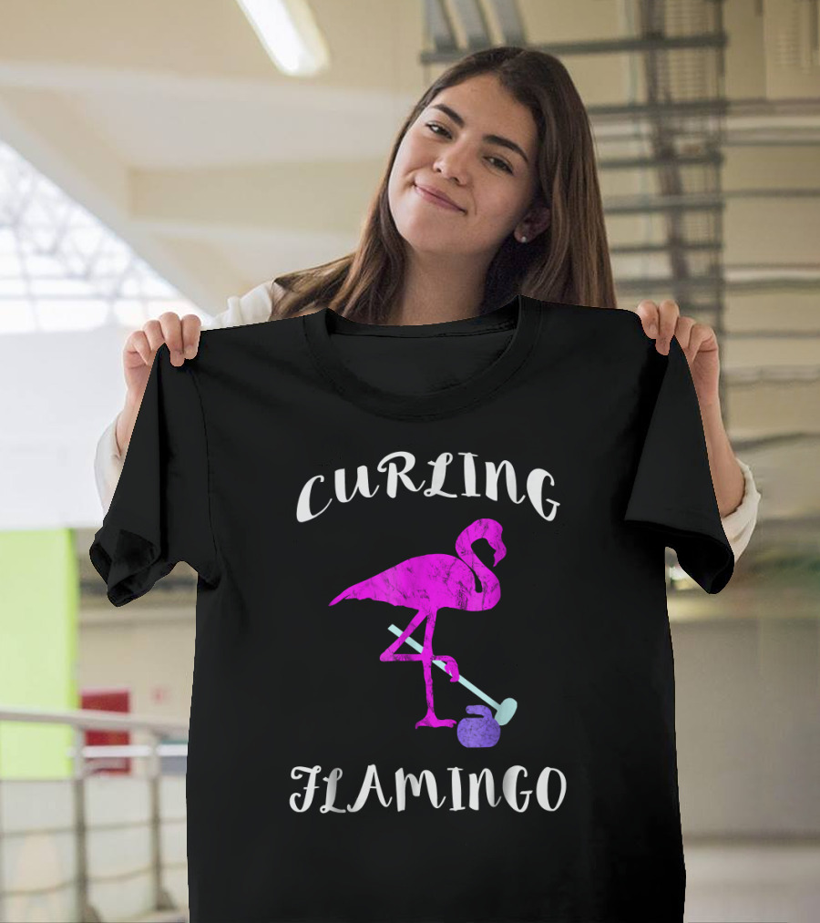 Curling Flamingo Exotic Birds Curler Winter Fun T-Shirt