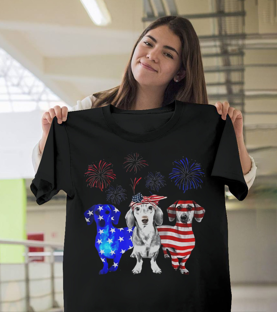 Patriotic Red Blue White Dachshund Firework Celebration 4th Of July T-Shirt