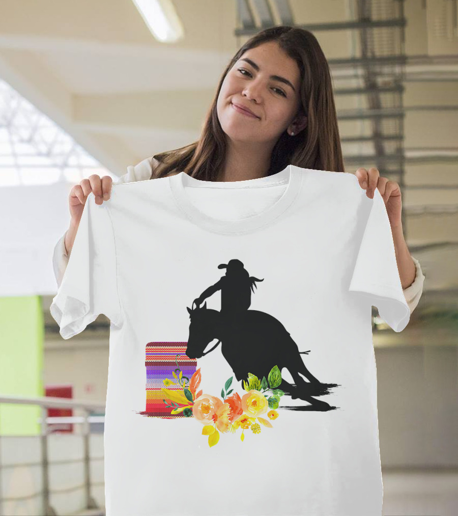 Horse Barrel Racing Silhouette with Vibrant Floral and Striped T-Shirt