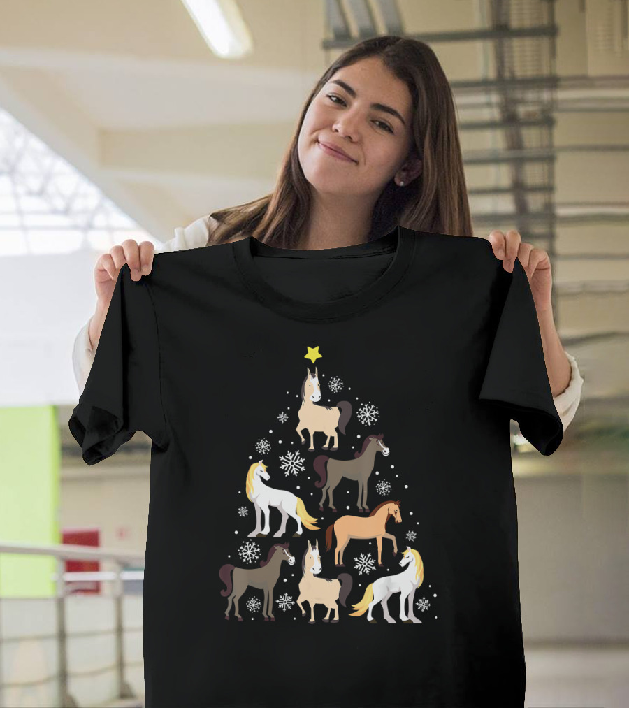 Horse Christmas Tree Cute Equestrian Snowflakes Star T-Shirt