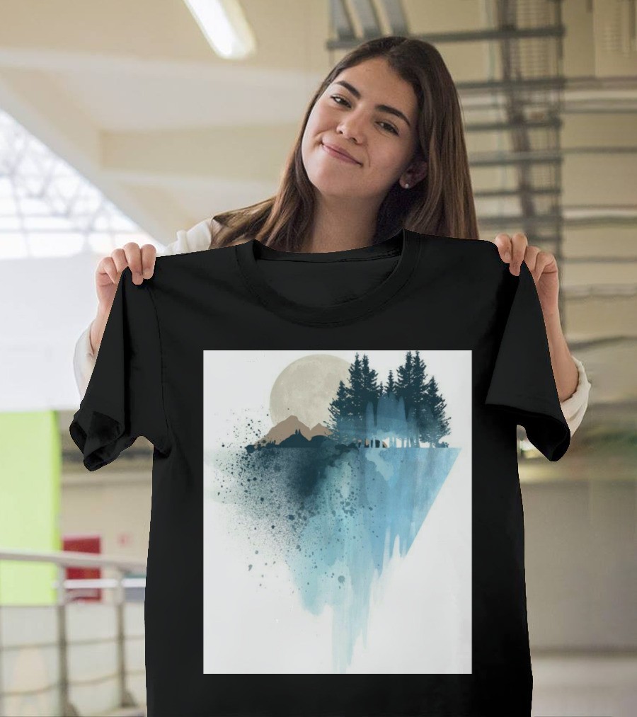Mountain Shadows Watercolor Forest Landscape with Trees and Moon T-Shirt