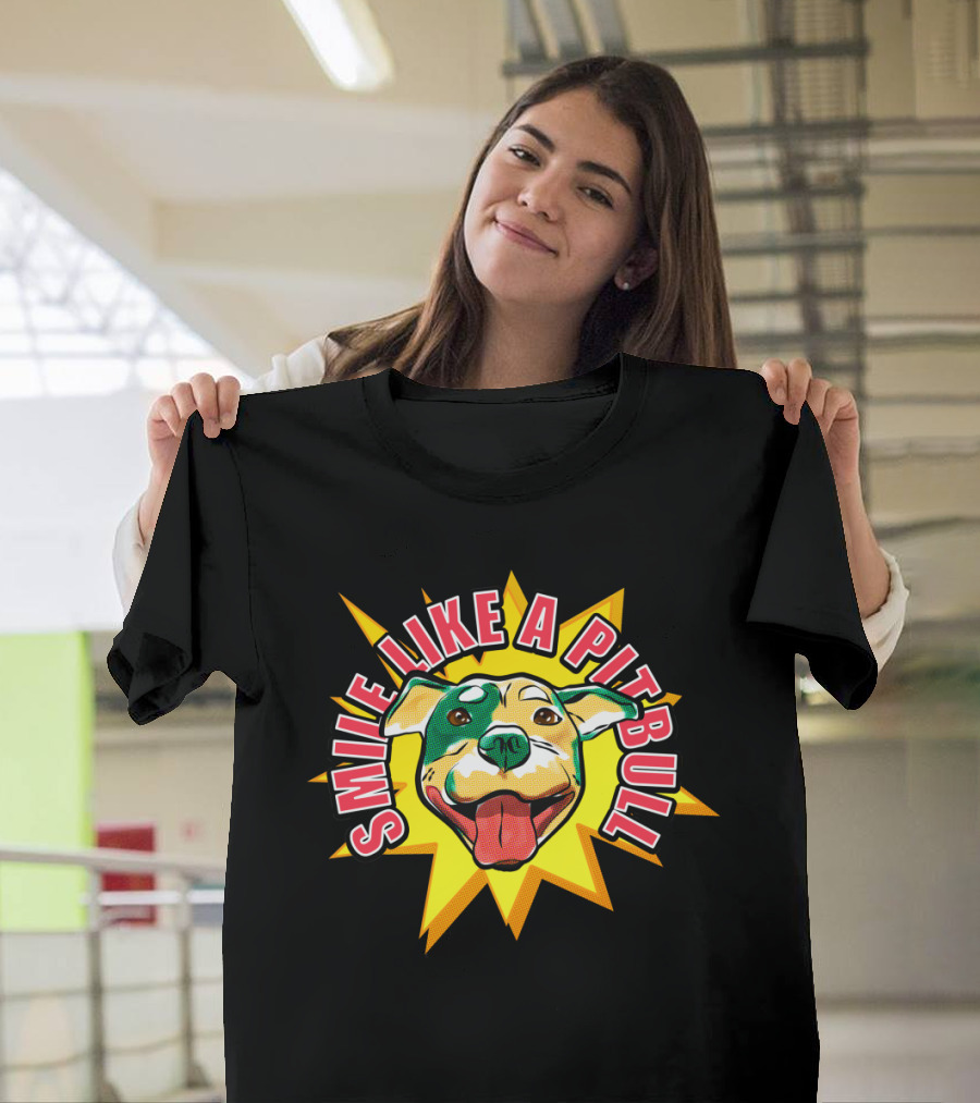 Smile Like A Pitbull Colorful Cartoon Dog Face with Bright Starburst Background T-Shirt